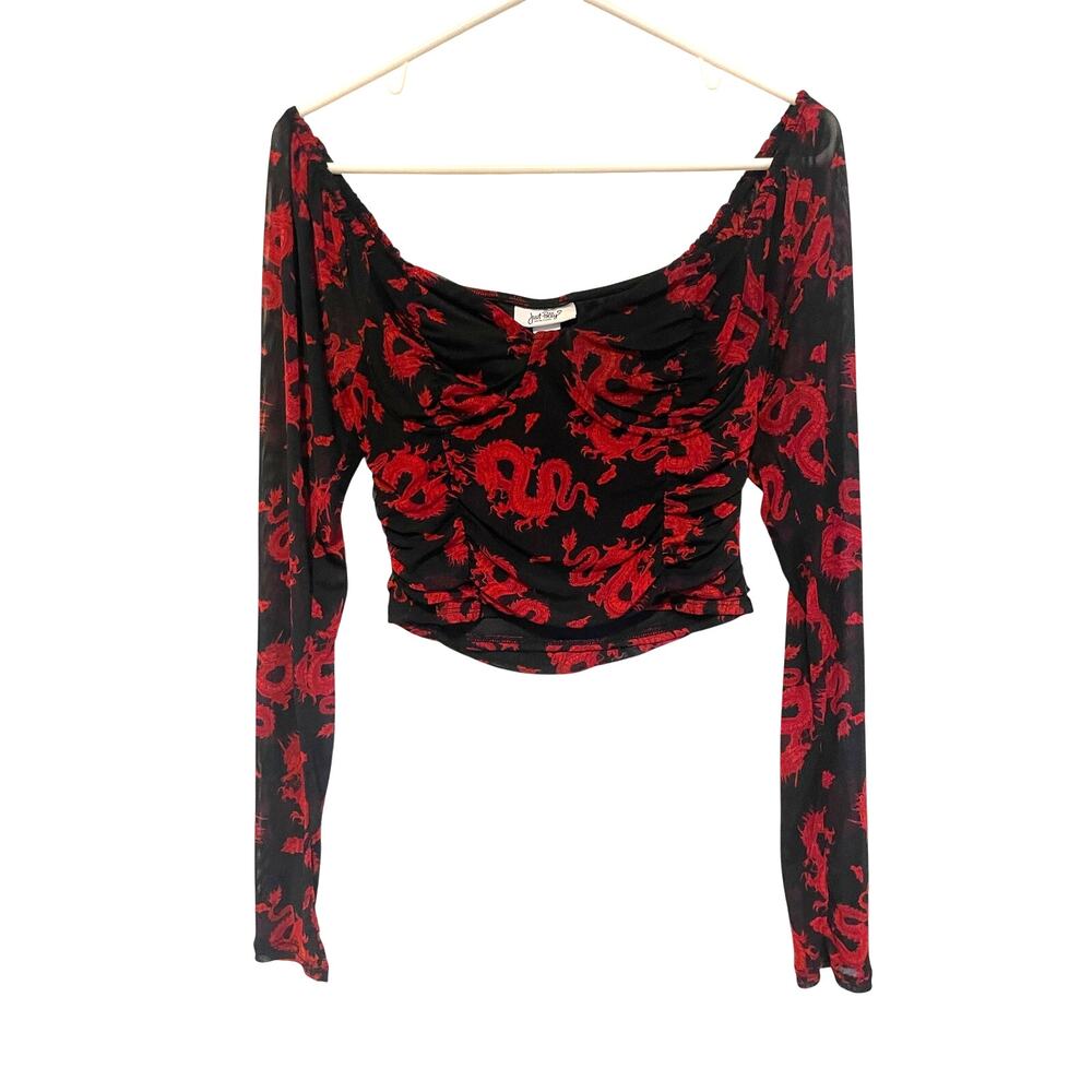 Just Polly Red Dragon Print Sheer Corset Style Crop Top Long Sleeve Sheer Large
